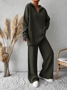 EURMUSE Half Zip Drop Shoulder Sweater & Knit Pants - Khaki - View 4