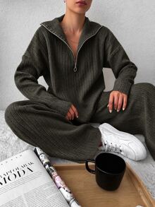 EURMUSE Half Zip Drop Shoulder Sweater & Knit Pants - Khaki - View 5