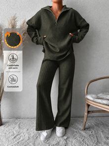 EURMUSE Half Zip Drop Shoulder Sweater & Knit Pants - Khaki - View 7