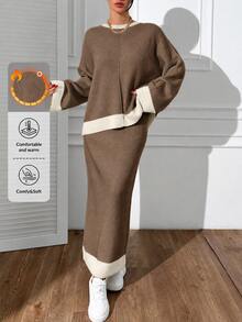 EURMUSE Women Round Neck Drop Shoulder Pullover Sweater Skirt Set Lounge Travel Brown And White Polka Dot Autumn Casual - Beige - View 5