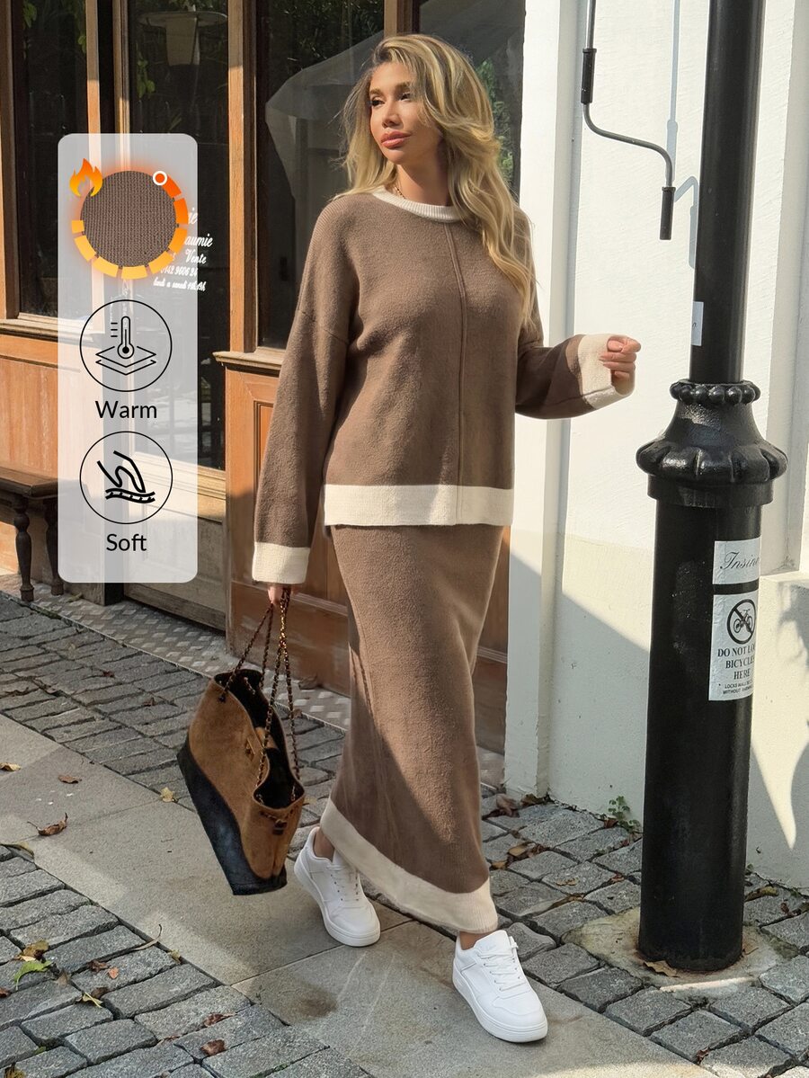 EURMUSE Women Round Neck Drop Shoulder Pullover Sweater Skirt Set Lounge Travel Brown And White Polka Dot Autumn Casual - Beige - View 1