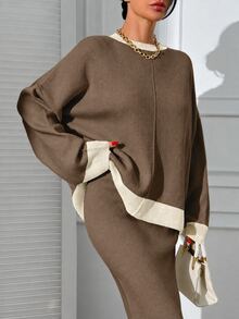 EURMUSE Women Round Neck Drop Shoulder Pullover Sweater Skirt Set Lounge Travel Brown And White Polka Dot Autumn Casual - Beige - View 6