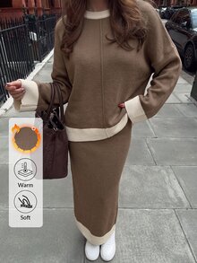 EURMUSE Women Round Neck Drop Shoulder Pullover Sweater Skirt Set Lounge Travel Brown And White Polka Dot Autumn Casual - Beige - View 7