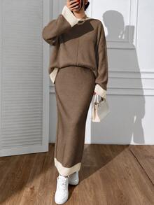 EURMUSE Women Round Neck Drop Shoulder Pullover Sweater Skirt Set Lounge Travel Brown And White Polka Dot Autumn Casual - Beige - View 3