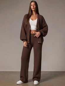 EURMUSE 2pcs/Set Women Solid Color Loose Knit Sweater And Wide Leg Pants - Brown - View 8