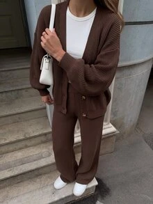 EURMUSE 2pcs/Set Women Solid Color Loose Knit Sweater And Wide Leg Pants - Brown - View 7