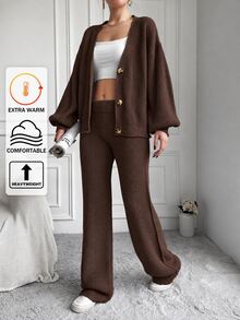 EURMUSE 2pcs/Set Women Solid Color Loose Knit Sweater And Wide Leg Pants - Brown - View 6