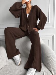 EURMUSE 2pcs/Set Women Solid Color Loose Knit Sweater And Wide Leg Pants - Brown - View 3