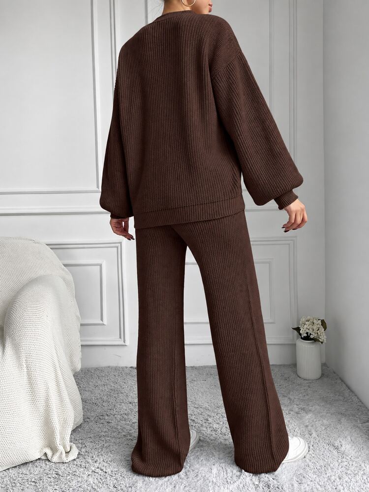 EURMUSE 2pcs/Set Women Solid Color Loose Knit Sweater And Wide Leg Pants - Brown - View 2