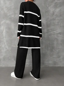 EURMUSE Women's Drop Shoulder Striped Sweater 2pcs/set - Black - View 2