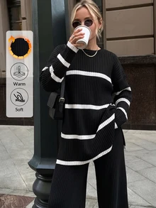 EURMUSE Women's Drop Shoulder Striped Sweater 2pcs/set - Black - View 1