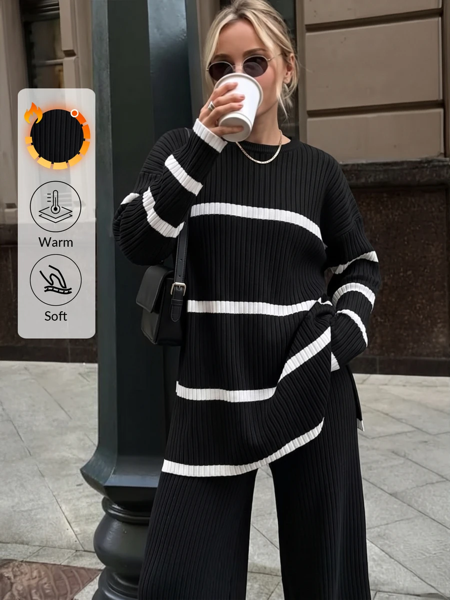 EURMUSE Women's Drop Shoulder Striped Sweater 2pcs/set - Black - View 1