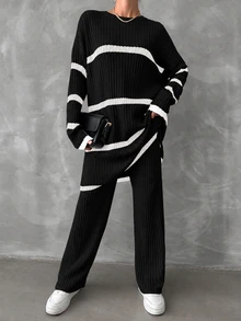 EURMUSE Women's Drop Shoulder Striped Sweater 2pcs/set - Black - View 5