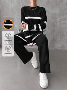 EURMUSE Women's Drop Shoulder Striped Sweater 2pcs/set - Black - View 4