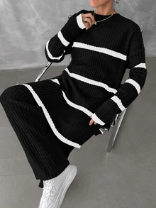 EURMUSE Women's Drop Shoulder Striped Sweater 2pcs/set - Black - View 6