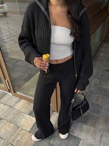 EURMUSE Drop Shoulder Zip Up Cardigan & Ribbed Knit Pants - Black - View 7