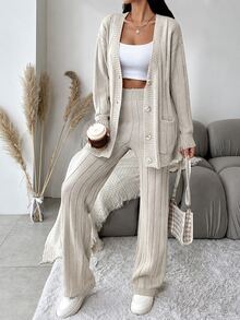 EURMUSE Women's Loose Fit Casual Solid Color Knit Sweater 2pcs/Set - Beige - View 3