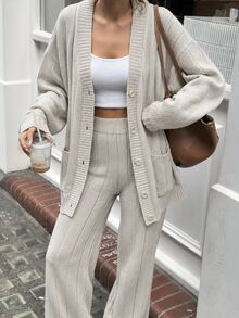 EURMUSE Women's Loose Fit Casual Solid Color Knit Sweater 2pcs/Set - Beige - View 9