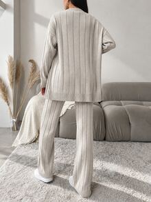EURMUSE Women's Loose Fit Casual Solid Color Knit Sweater 2pcs/Set - Beige - View 8