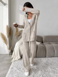 EURMUSE Women's Loose Fit Casual Solid Color Knit Sweater 2pcs/Set - Beige - View 5