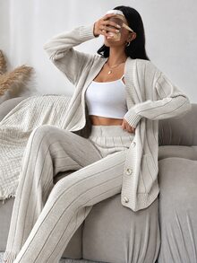 EURMUSE Women's Loose Fit Casual Solid Color Knit Sweater 2pcs/Set - Beige - View 6