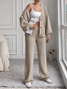 EURMUSE 2pcs/Set Women Fall Casual Solid Color Cardigan With Sweater And Pants - Beige - View 7