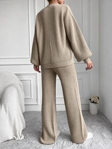 EURMUSE 2pcs/Set Women Fall Casual Solid Color Cardigan With Sweater And Pants - Beige - View 8