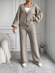 EURMUSE 2pcs/Set Women Fall Casual Solid Color Cardigan With Sweater And Pants - Beige - View 5