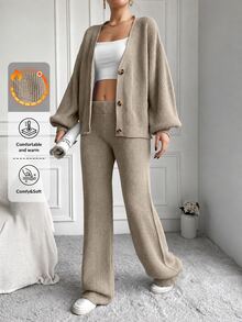 EURMUSE 2pcs/Set Women Fall Casual Solid Color Cardigan With Sweater And Pants - Beige - View 4