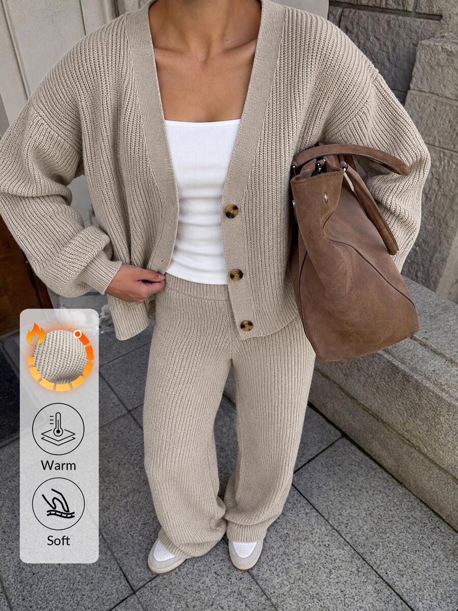 EURMUSE 2pcs/Set Women Fall Casual Solid Color Cardigan With Sweater And Pants
