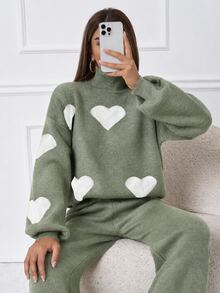 SHEIN Tall 2pcs/Set Casual Heart Pattern High Neck Sweater, Tall Women - Green - View 5