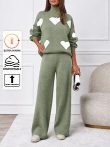 SHEIN Tall 2pcs/Set Casual Heart Pattern High Neck Sweater, Tall Women - Green - View 4