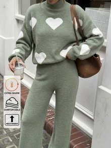 SHEIN Tall 2pcs/Set Casual Heart Pattern High Neck Sweater, Tall Women - Green - View 2