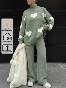 SHEIN Tall 2pcs/Set Casual Heart Pattern High Neck Sweater, Tall Women - Green - View 8