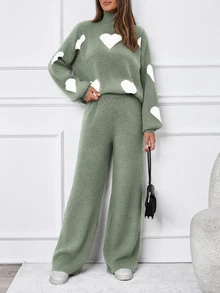 SHEIN Tall 2pcs/Set Casual Heart Pattern High Neck Sweater, Tall Women - Green - View 6