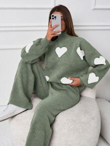 SHEIN Tall 2pcs/Set Casual Heart Pattern High Neck Sweater, Tall Women - Green - View 3