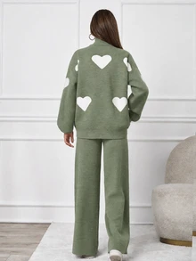 SHEIN Tall 2pcs/Set Casual Heart Pattern High Neck Sweater, Tall Women - Green - View 7