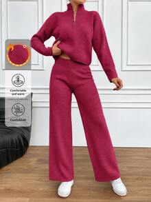 EURMUSE 2pcs Women Solid Color Zipper Closure Half Placket Long Sleeve Sweater And Knit Long Pants Set,Petite,Winter Clothes - Hot Pink - View 4