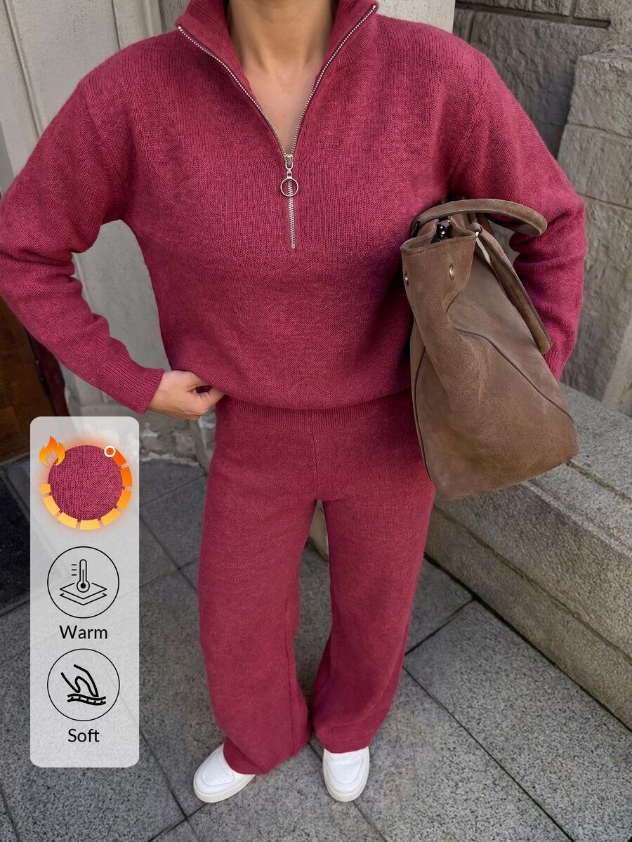 EURMUSE 2pcs Women Solid Color Zipper Closure Half Placket Long Sleeve Sweater And Knit Long Pants Set,Petite,Winter Clothes - Hot Pink - View 1