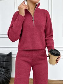 EURMUSE 2pcs Women Solid Color Zipper Closure Half Placket Long Sleeve Sweater And Knit Long Pants Set,Petite,Winter Clothes - Hot Pink - View 6