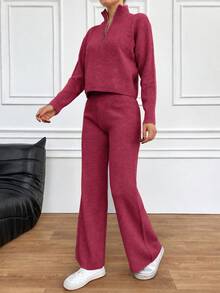 EURMUSE 2pcs Women Solid Color Zipper Closure Half Placket Long Sleeve Sweater And Knit Long Pants Set,Petite,Winter Clothes - Hot Pink - View 3