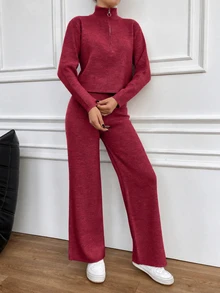 EURMUSE 2pcs Women Solid Color Zipper Closure Half Placket Long Sleeve Sweater And Knit Long Pants Set,Petite,Winter Clothes - Hot Pink - View 5