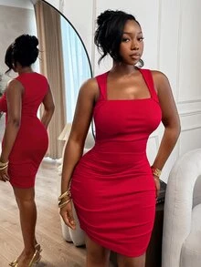 BamGleam Ladies' Spring Summer New Elegant Sexy Pleated Square Neck Elastic Tight Red Vest Short Dress Commuting Outfit Party Date Night Club Night Out - Red - View 7