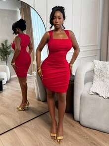 BamGleam Ladies' Spring Summer New Elegant Sexy Pleated Square Neck Elastic Tight Red Vest Short Dress Commuting Outfit Party Date Night Club Night Out - Red - View 4