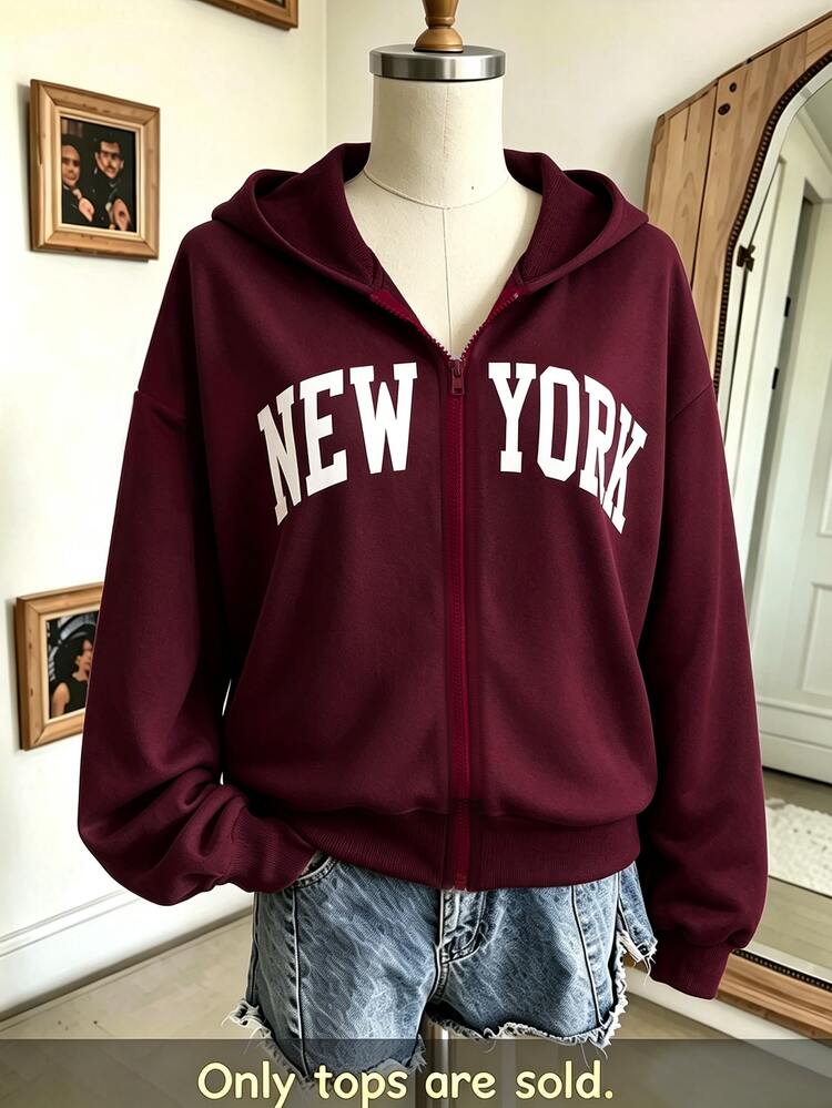 Teen Girls Autumn Clothes Burgundy NEW YORK Letter Print Zip-Up Sweatshirt Loose Long Sleeve Open Front Hooded Jacket Graduation Ball Streetwear Baggy - Burgundy - View 3