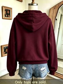 Teen Girls Fall Clothes Fall Burgundy NEW YORK Letter Print Zip-Up Sweatshirt, Loose Long Sleeve Open Front Hooded Jacket - Burgundy - View 2