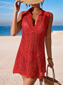 Swim Vcay 女款鏤空領口無袖罩衫洋裝，紅色夏季性感熱帶風，適合度假海灘派對 - 紅色 - 查看 5