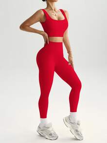 SHEIN Sports Seamless Ribbed Knit Sports Set For Chinese New Year Workout Women Set Gym Women Outfit - Red - View 9
