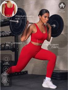 SHEIN Sports Seamless Ribbed Knit Sports Set For Chinese New Year Workout Women Set Gym Women Outfit - Red - View 4