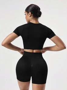 SHEIN Sports 2 件套 + 常规版型 + 吸湿排汗面料/罗纹 + 圆领/基本款/海军蓝 + 运动服套装 + 无缝/健身/瑜伽短裤紧身裤套装 骑行短裤套装 瑜伽套装 短裤 女士健身套装 - 黑色 - 查看 2